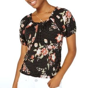 American Rag Sunday Brunch Smocked Black Floral Top Size Large Junior